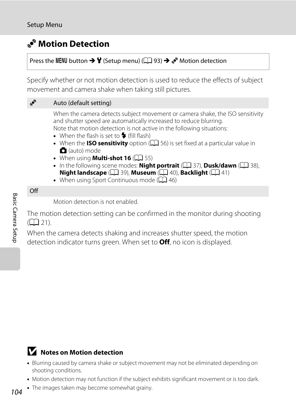 Motion detection, U motion detection, A 104) in | A 104) does not function, A 104 | Nikon L105 User Manual | Page 116 / 152