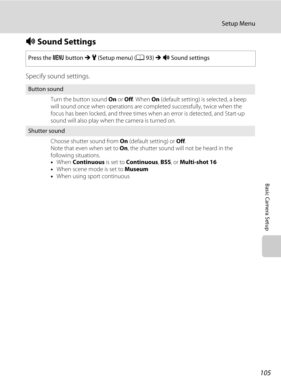 Sound settings, I sound settings, A 105 | A 105) | Nikon L105 User Manual | Page 117 / 152