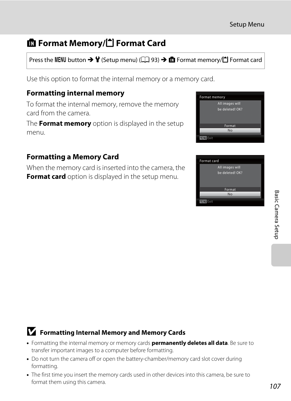 Format memory/format card, L format memory/m format card, A 107 | Camera, A 107), Setup menu | Nikon L105 User Manual | Page 119 / 152