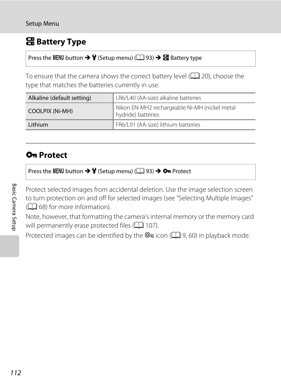 Battery type, Protect, S battery type d protect | A 112, 12, A 112) i, A 112) ar, A 112) in the, A 112), A 112) s, A 112 | Nikon L105 User Manual | Page 124 / 152