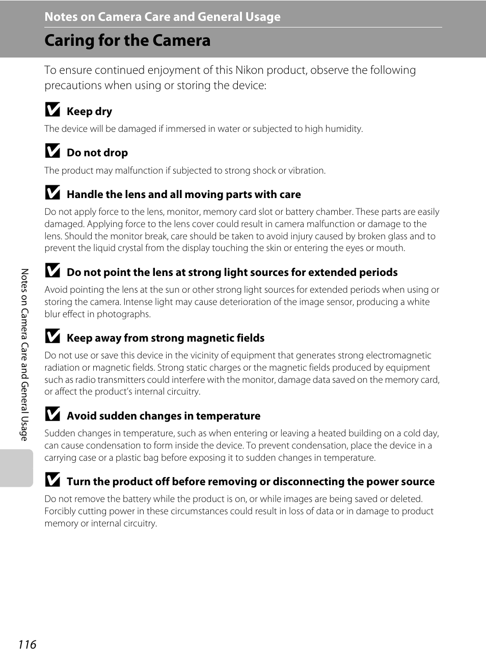 Notes on camera care and general usage, Caring for the camera | Nikon L105 User Manual | Page 128 / 152