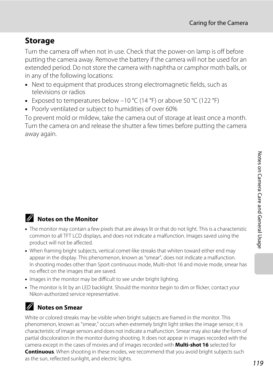 Storage, Ear (a 119, Smear | A 119) vi | Nikon L105 User Manual | Page 131 / 152