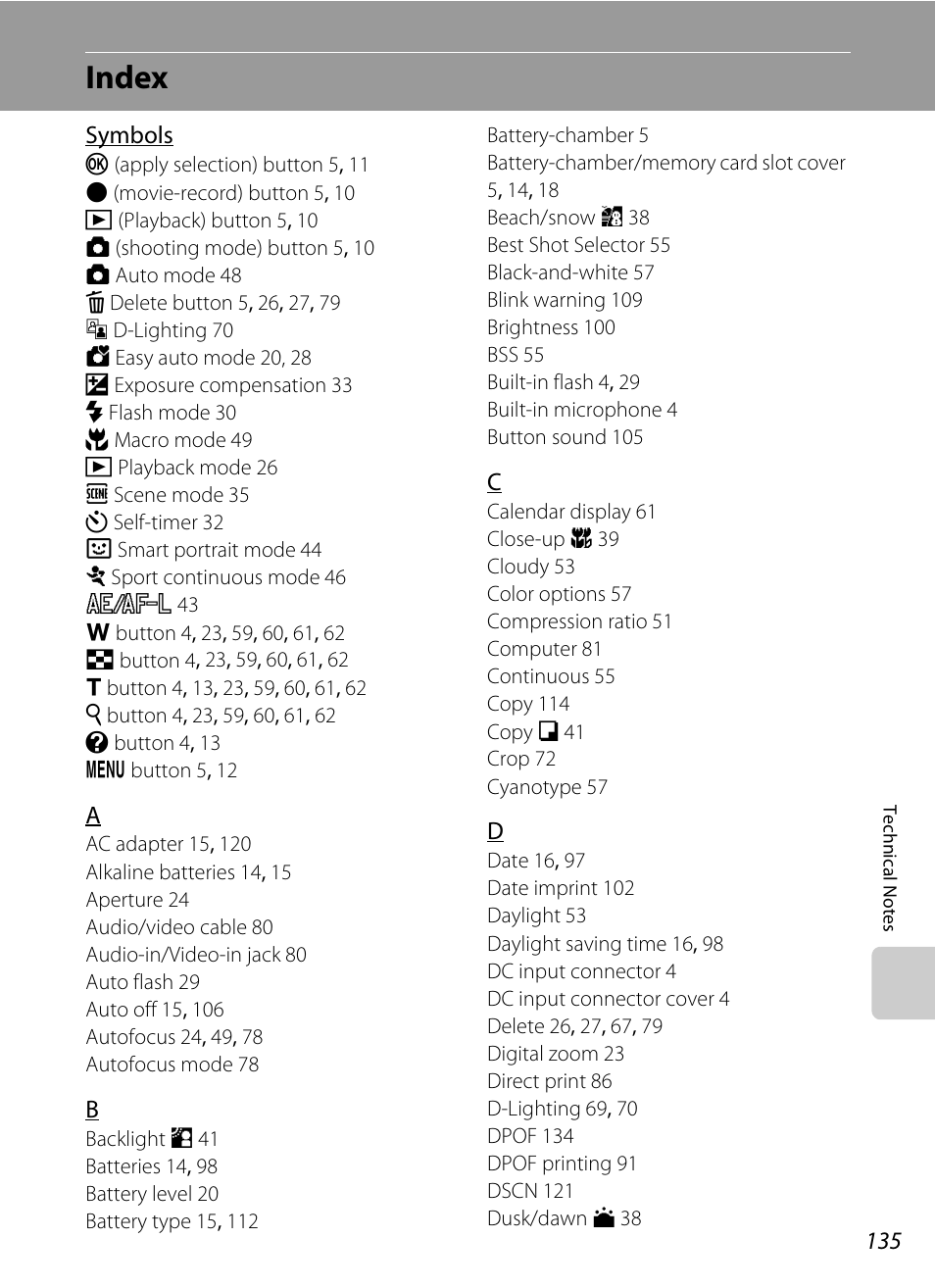 Index | Nikon L105 User Manual | Page 147 / 152