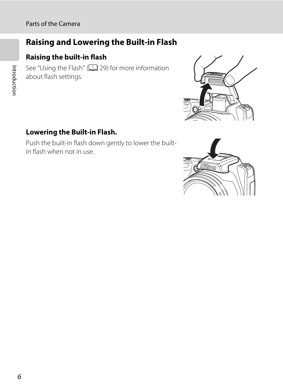 Raising and lowering the built-in flash | Nikon L105 User Manual | Page 18 / 152