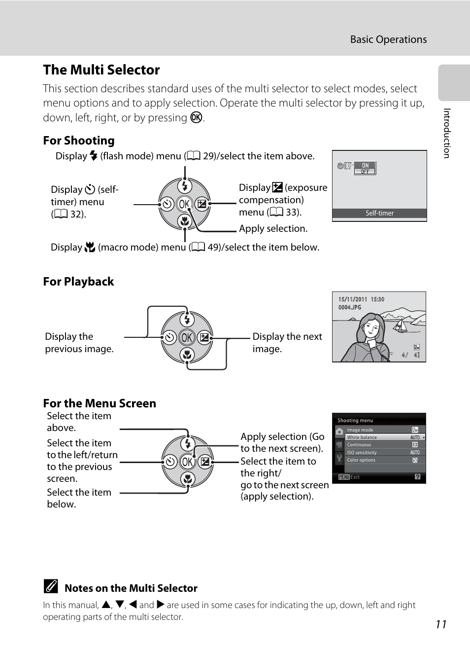 The multi selector, For shooting for playback for the menu screen, Basic operations | Nikon L105 User Manual | Page 23 / 152