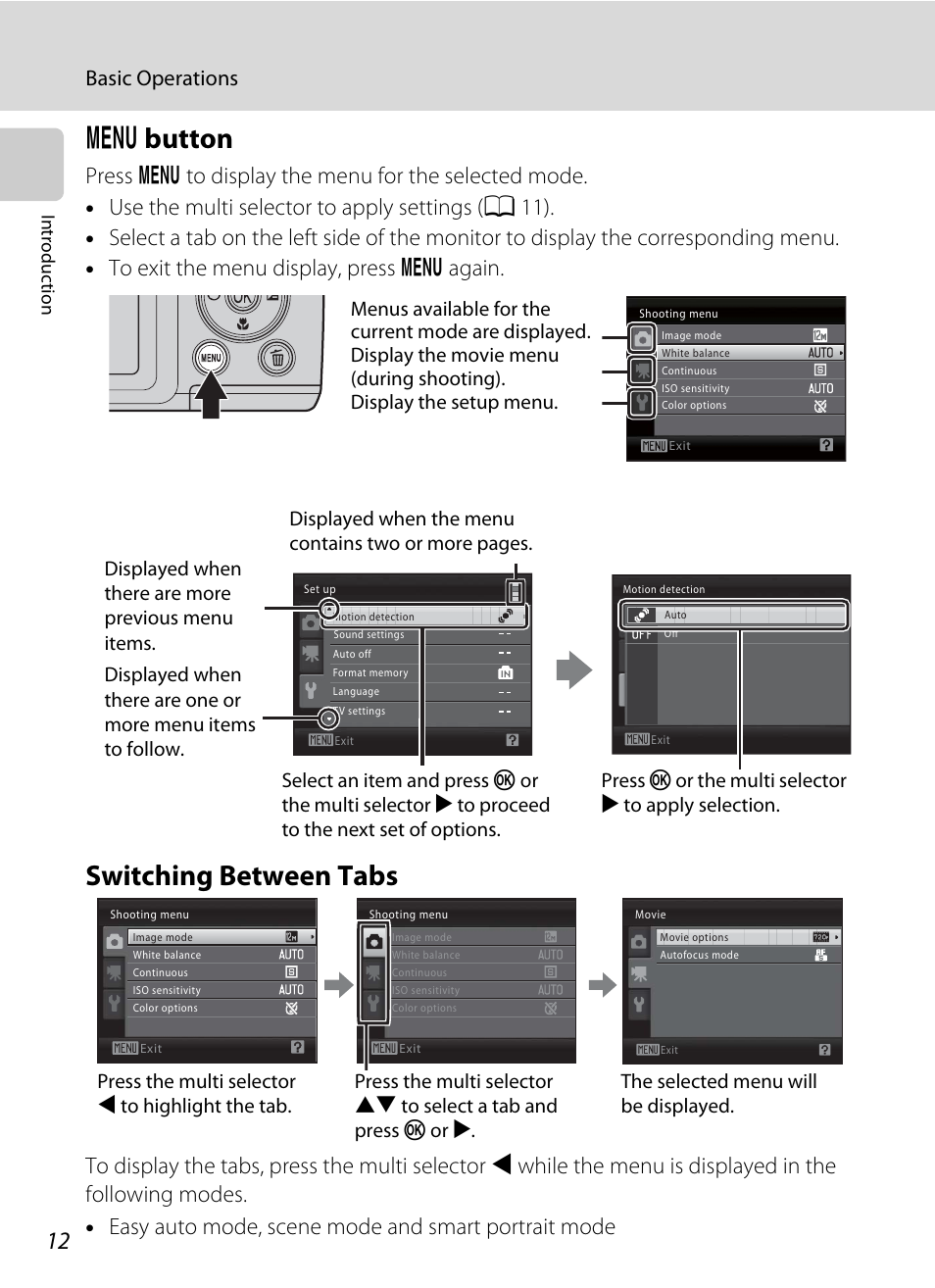 Menu button, Switching between tabs, D button switching between tabs | D button, Basic operations | Nikon L105 User Manual | Page 24 / 152