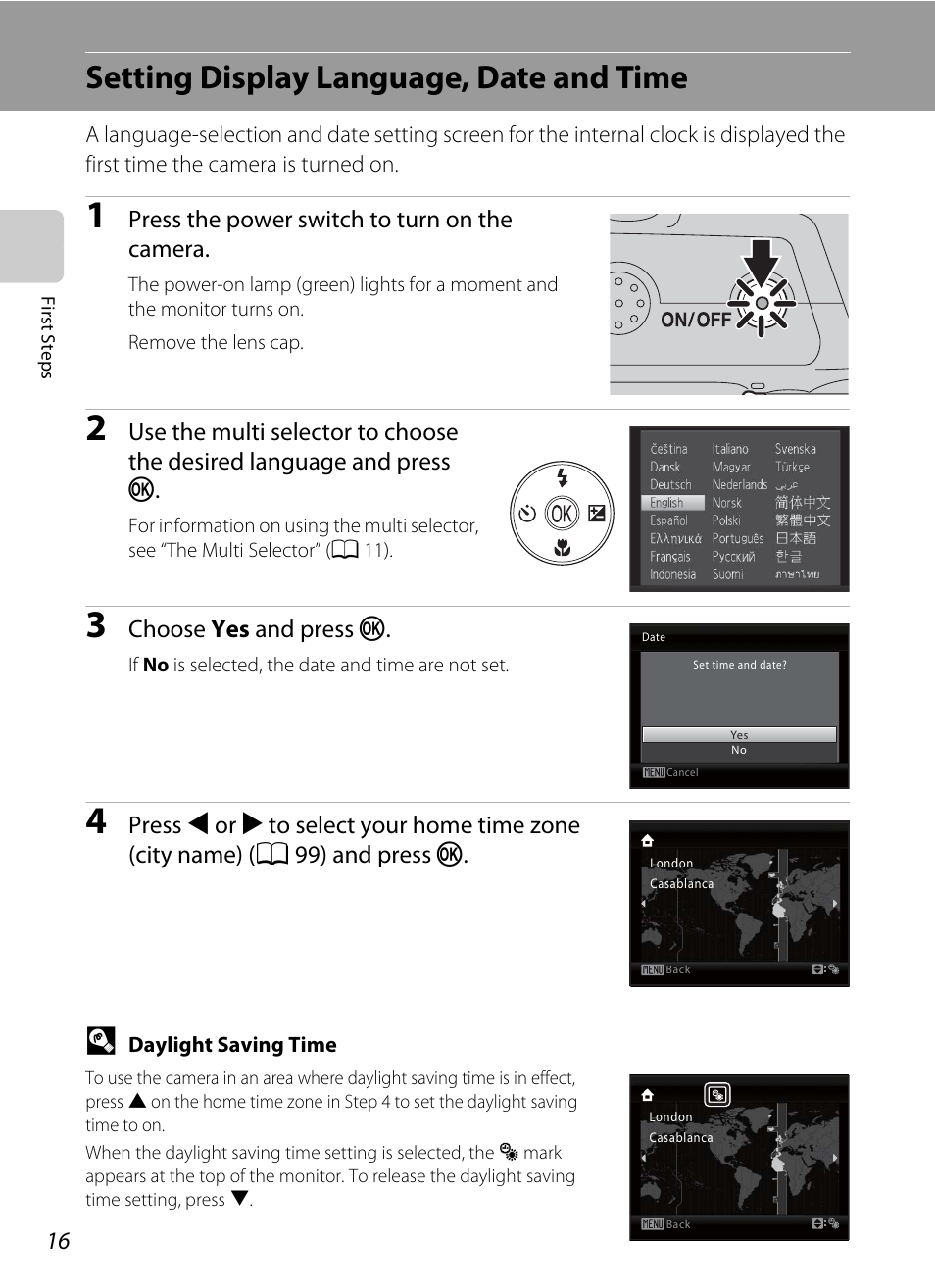 Setting display language, date and time, Press the power switch to turn on the camera, Choose yes and press k | Nikon L105 User Manual | Page 28 / 152