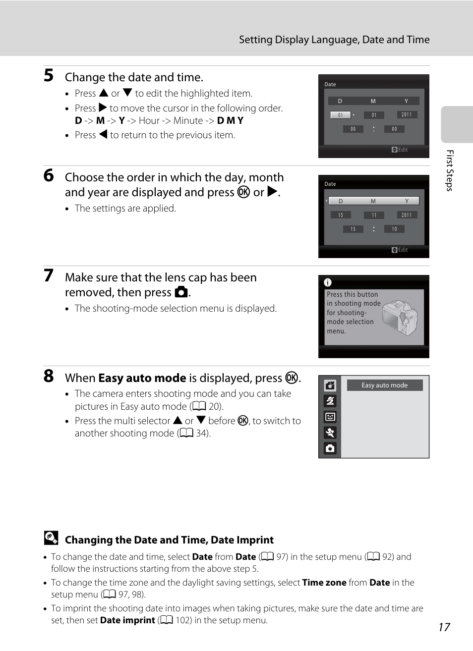 Change the date and time, When easy auto mode is displayed, press k | Nikon L105 User Manual | Page 29 / 152