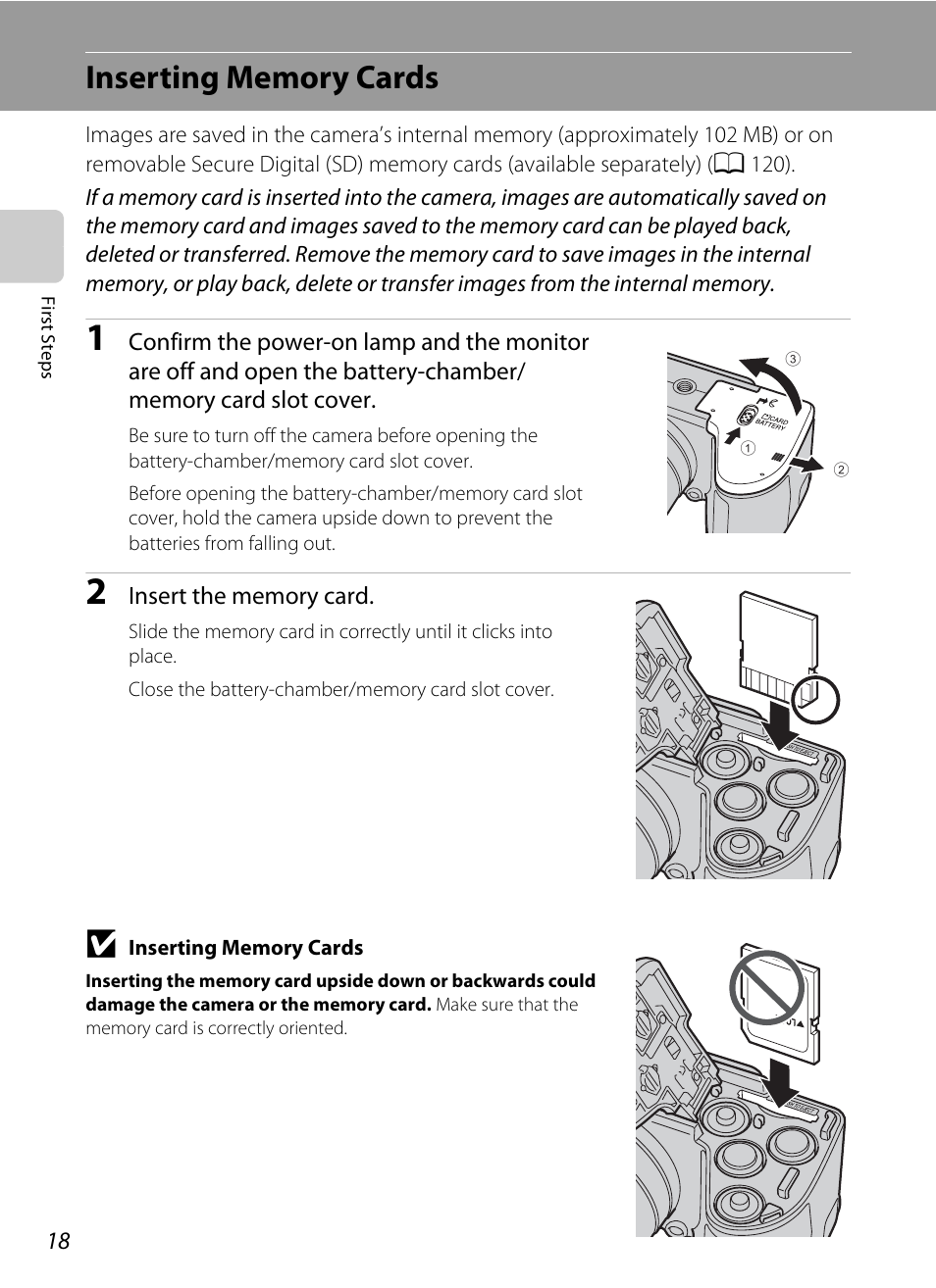 Inserting memory cards | Nikon L105 User Manual | Page 30 / 152