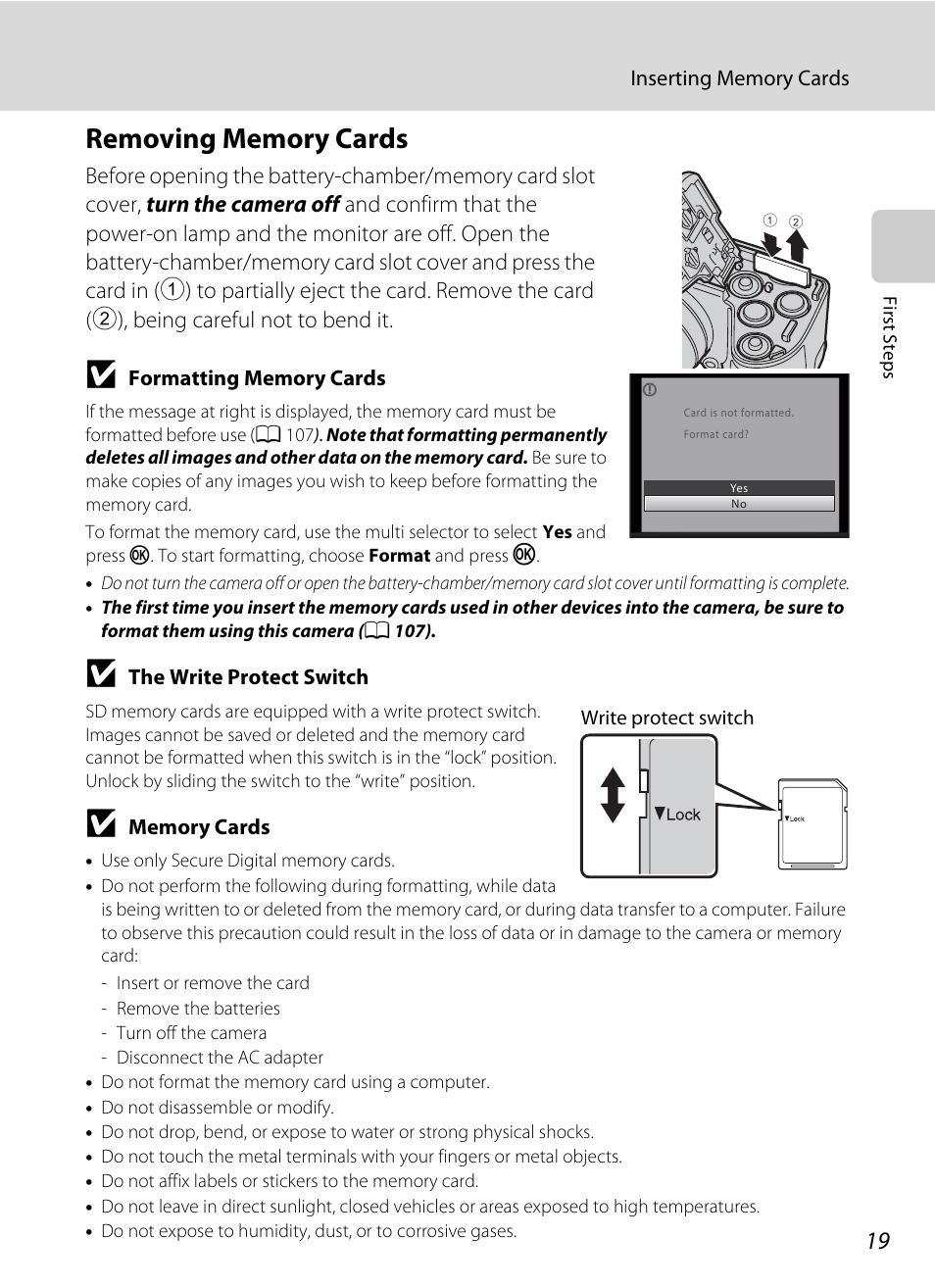 Removing memory cards | Nikon L105 User Manual | Page 31 / 152