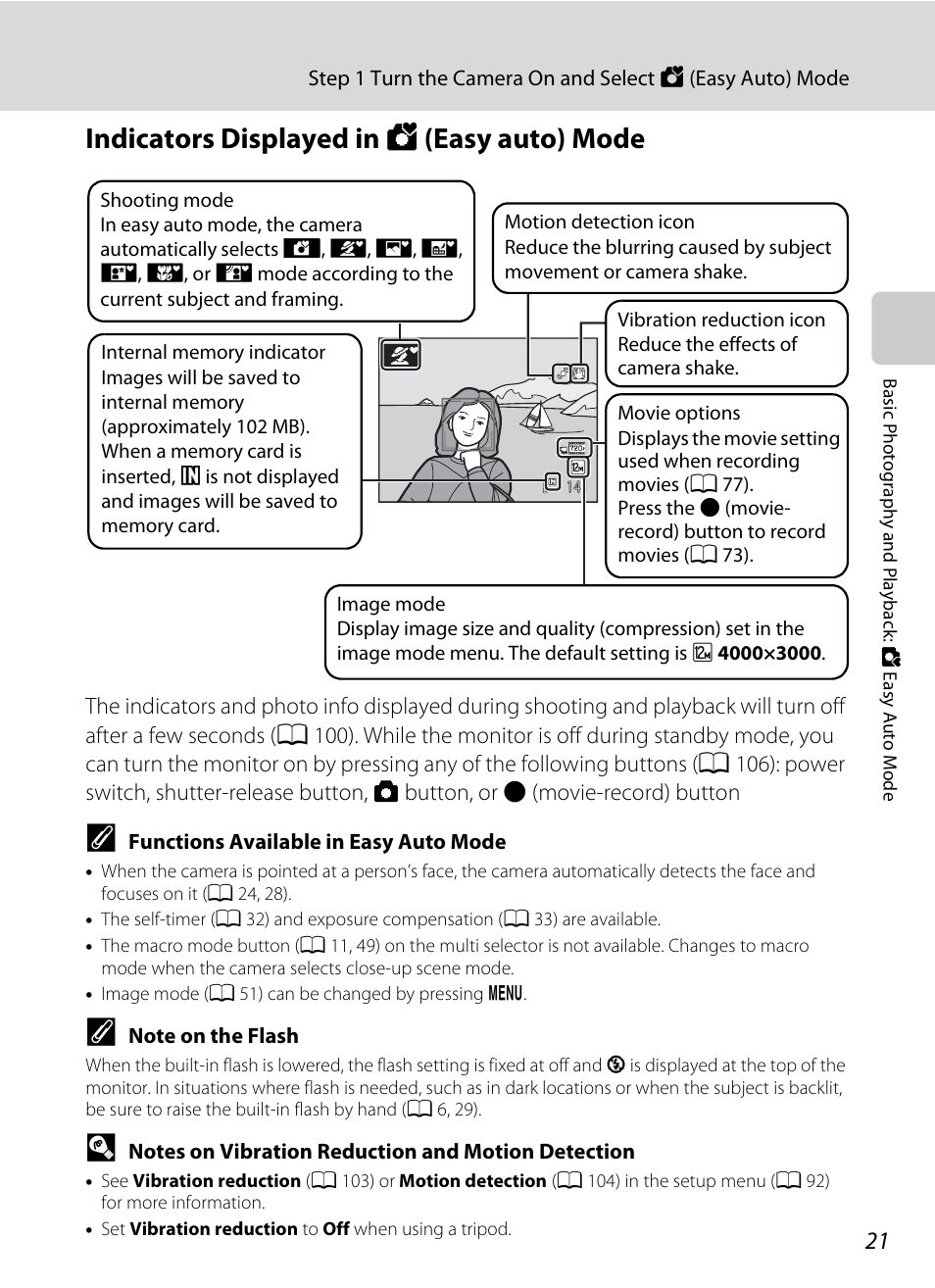 Indicators displayed in easy auto mode, Indicators displayed in g (easy auto) mode | Nikon L105 User Manual | Page 33 / 152