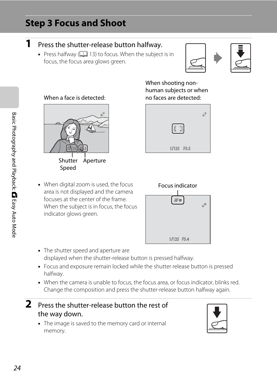 Step 3 focus and shoot, S on it, A 24, 2 | Press the shutter-release button halfway | Nikon L105 User Manual | Page 36 / 152