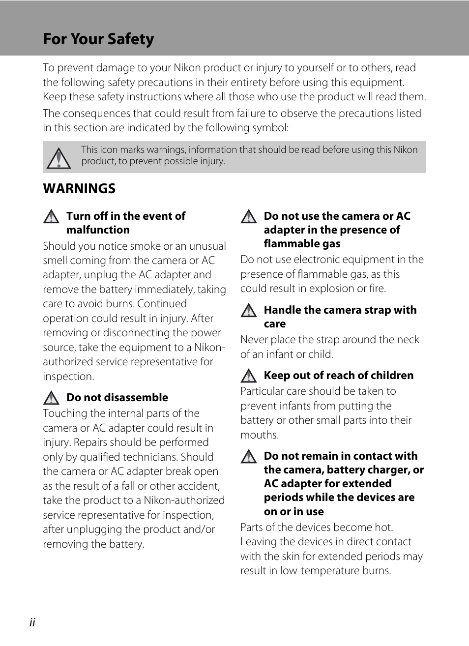 For your safety, Warnings | Nikon L105 User Manual | Page 4 / 152