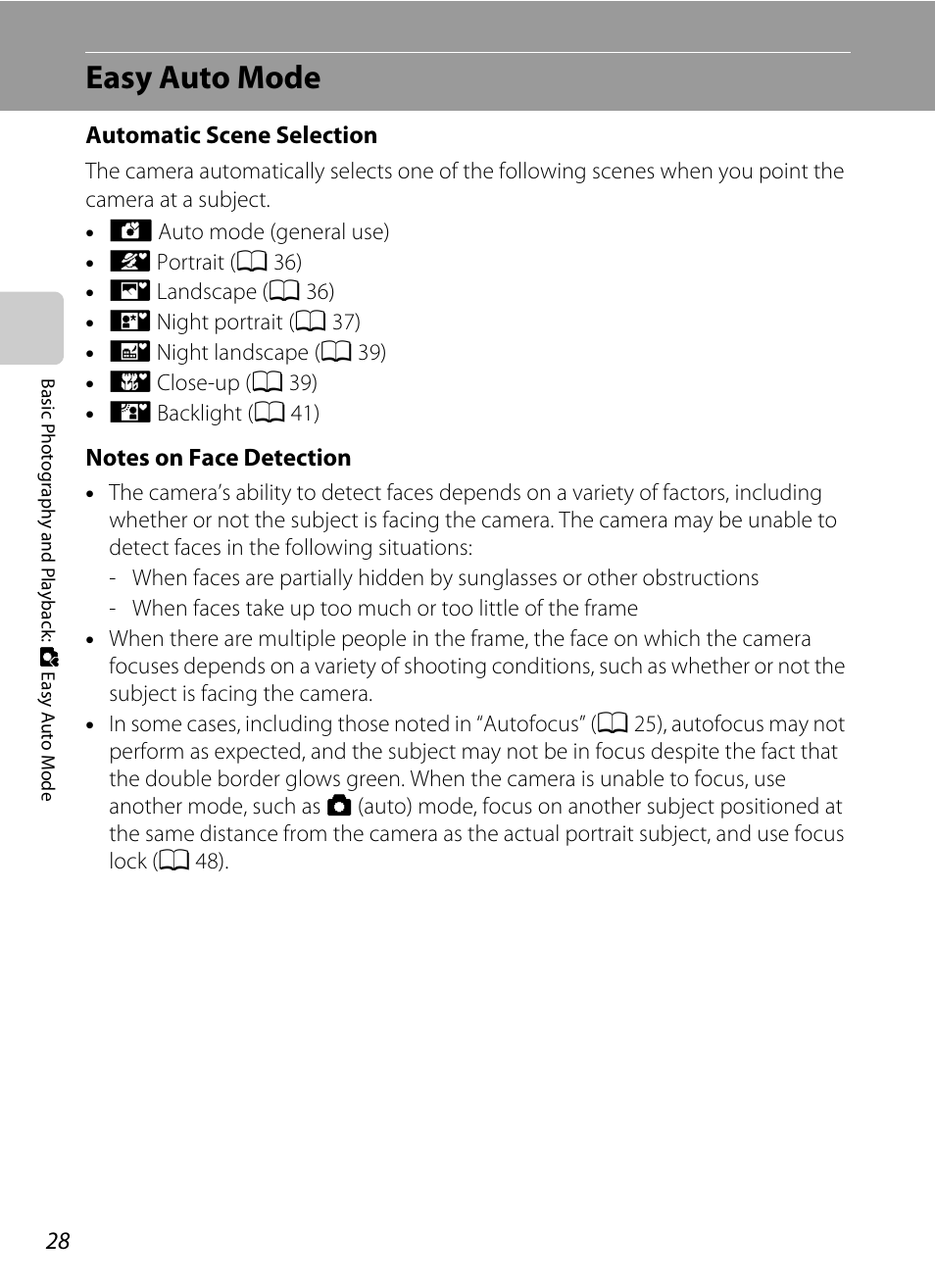 Easy auto mode, A 28), Ee “notes on face detection | Nikon L105 User Manual | Page 40 / 152