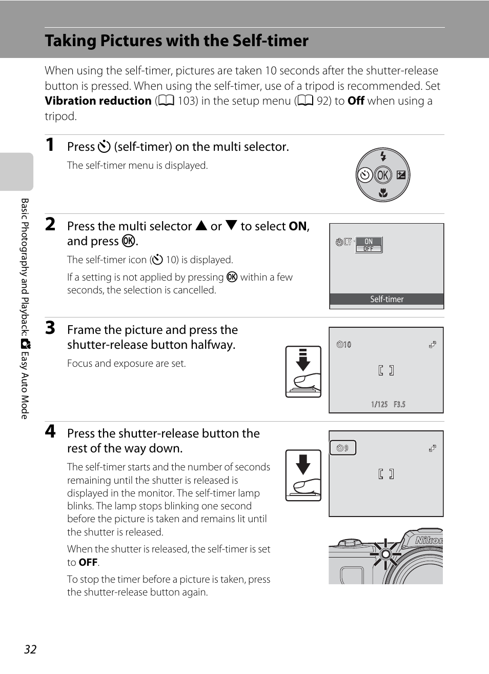 Taking pictures with the self-timer, A 32), A 32 | Nikon L105 User Manual | Page 44 / 152