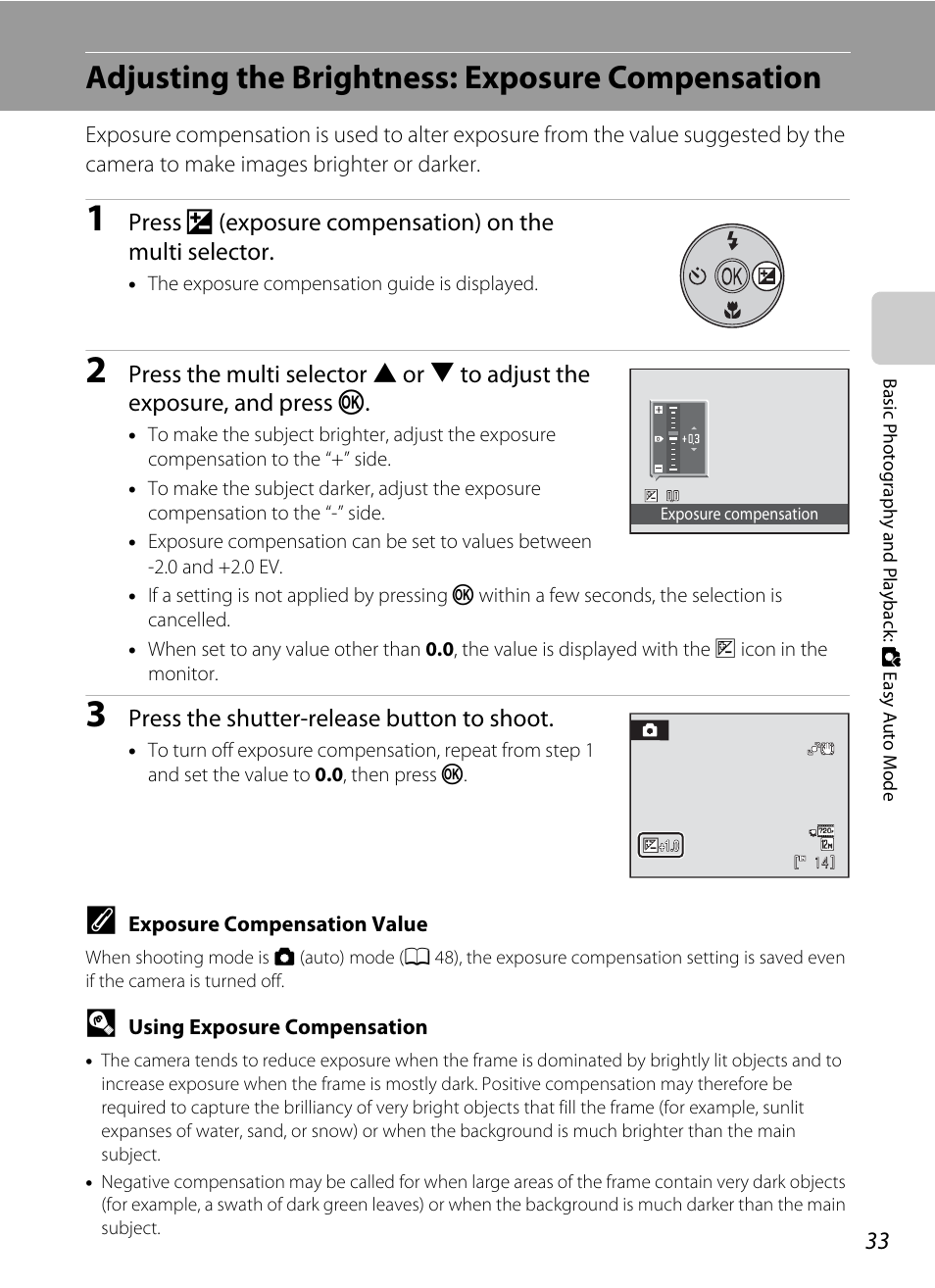 Adjusting the brightness: exposure compensation, A 33, A 33) are | Nikon L105 User Manual | Page 45 / 152