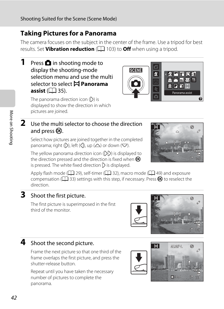 Taking pictures for a panorama | Nikon L105 User Manual | Page 54 / 152