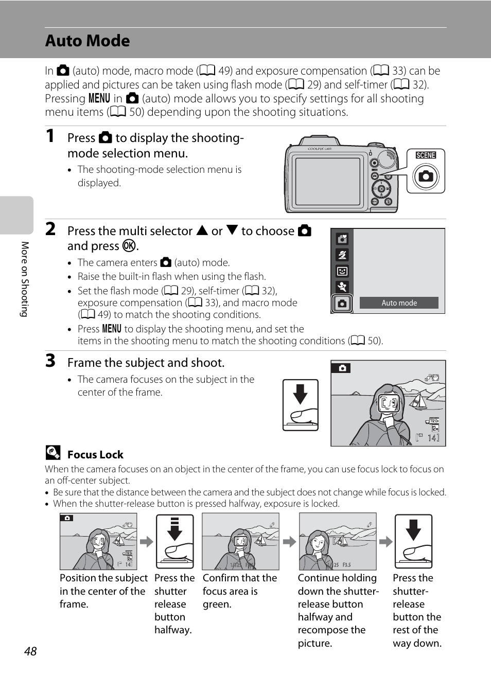 Auto mode, A 48), A 48 | Frame the subject and shoot | Nikon L105 User Manual | Page 60 / 152