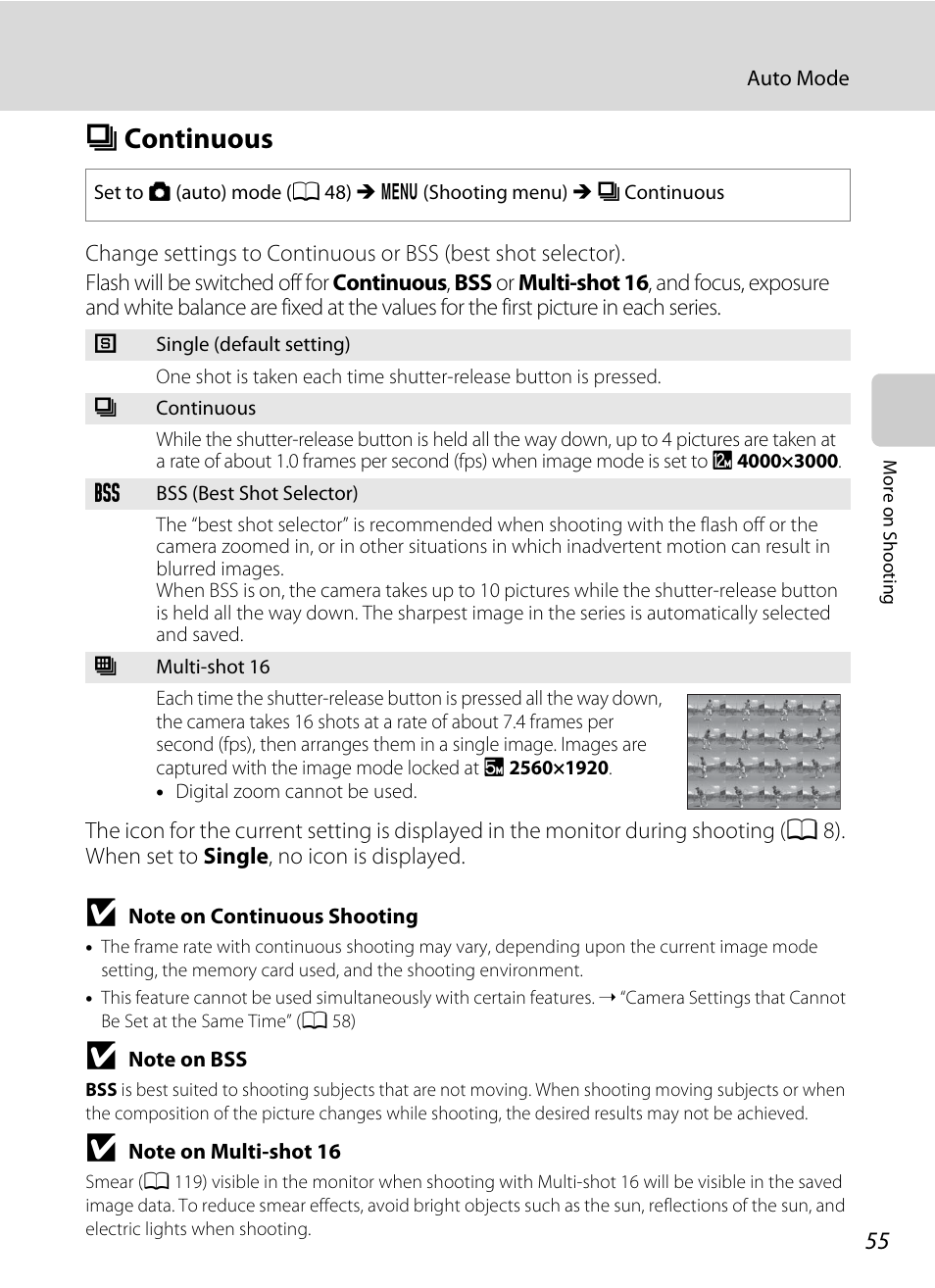 Continuous, C continuous, T (a 55 | A 55 | Nikon L105 User Manual | Page 67 / 152