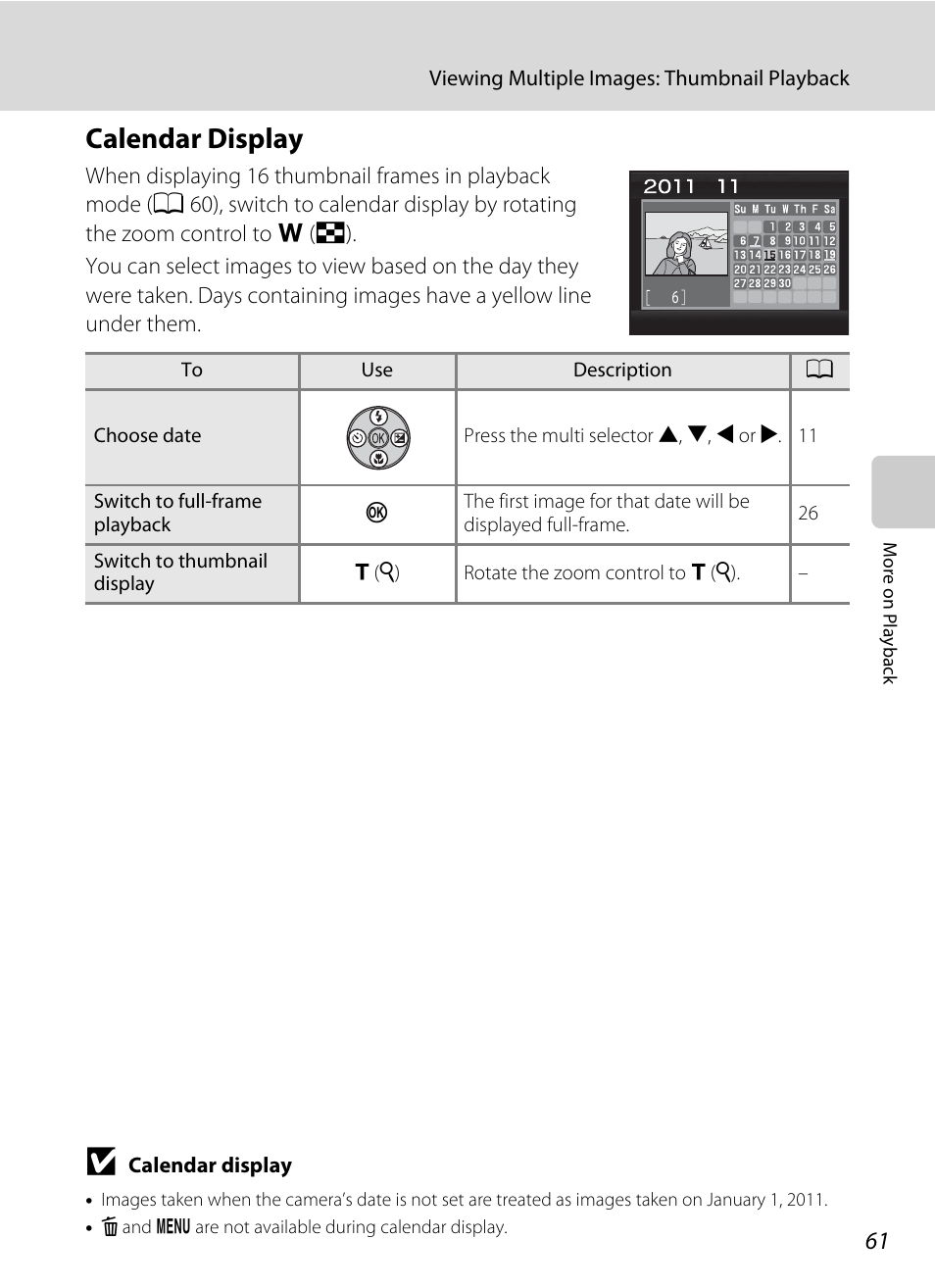 Calendar display, A 61) | Nikon L105 User Manual | Page 73 / 152