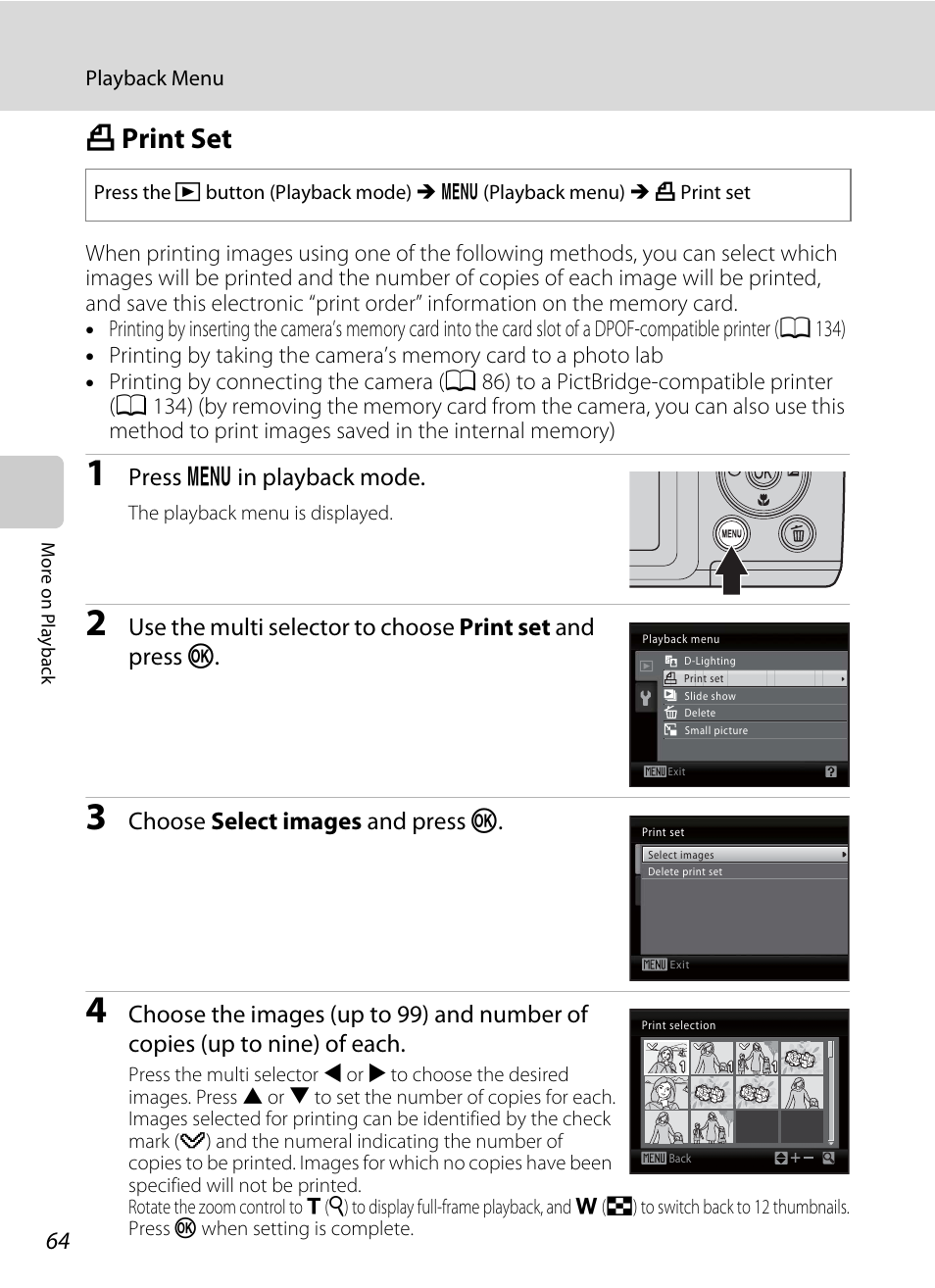 Print set, A print set, A 64) | A 64, Press d in playback mode, Choose select images and press k | Nikon L105 User Manual | Page 76 / 152