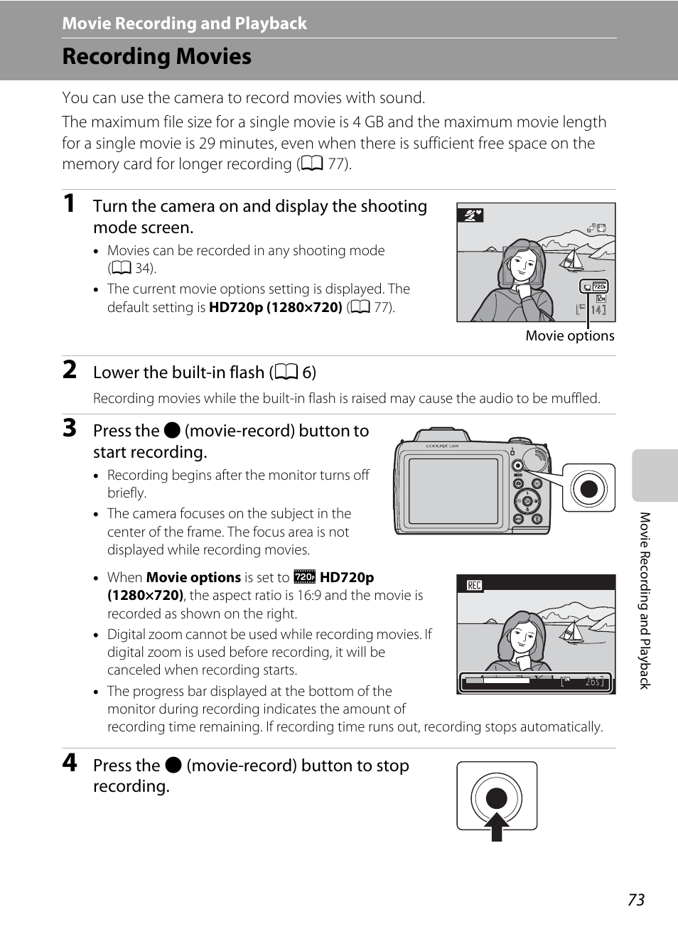 Movie recording and playback, Recording movies, A 73) | Nikon L105 User Manual | Page 85 / 152