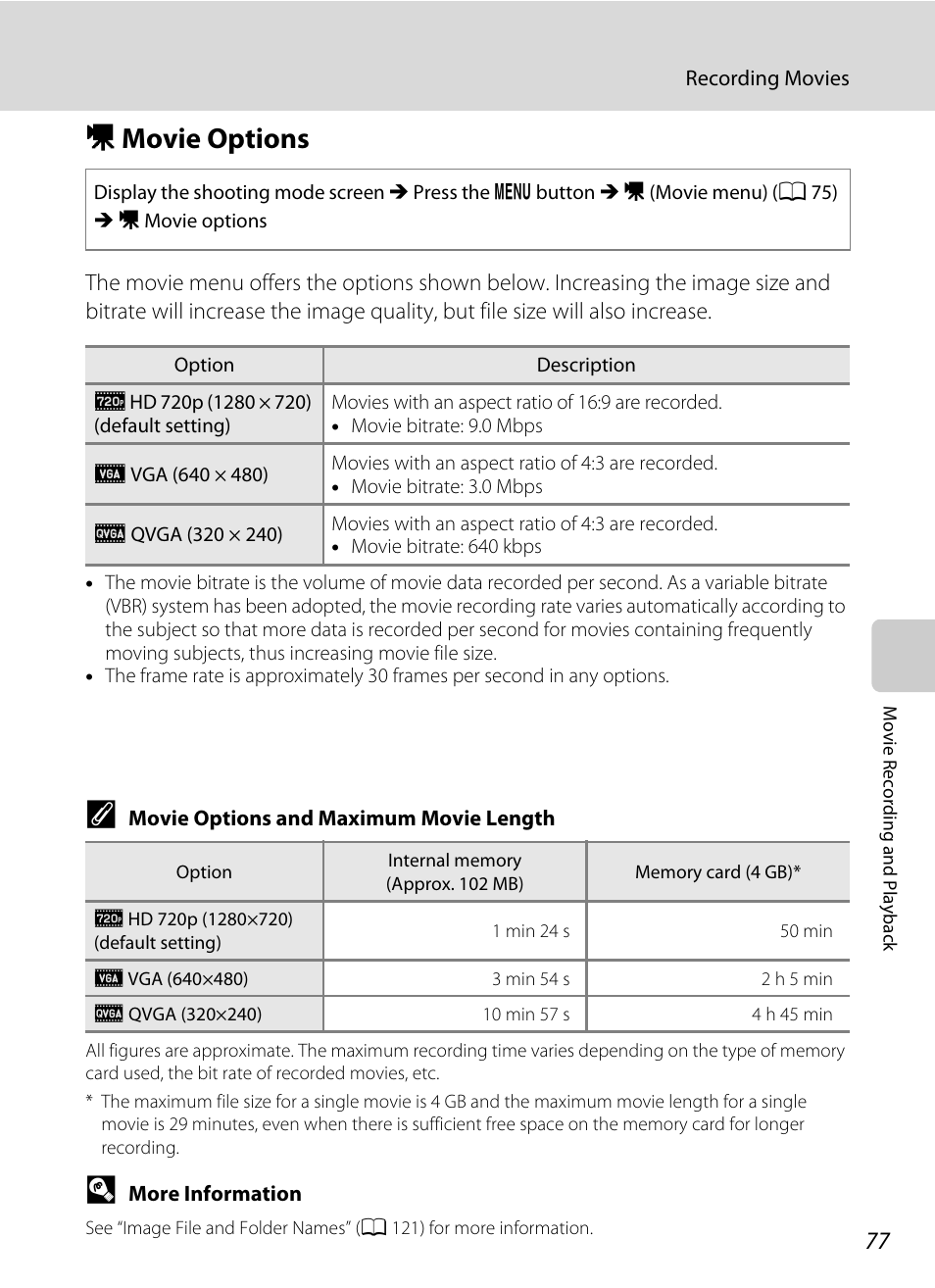 Movie options, D movie options, A 77) | A 77 | Nikon L105 User Manual | Page 89 / 152