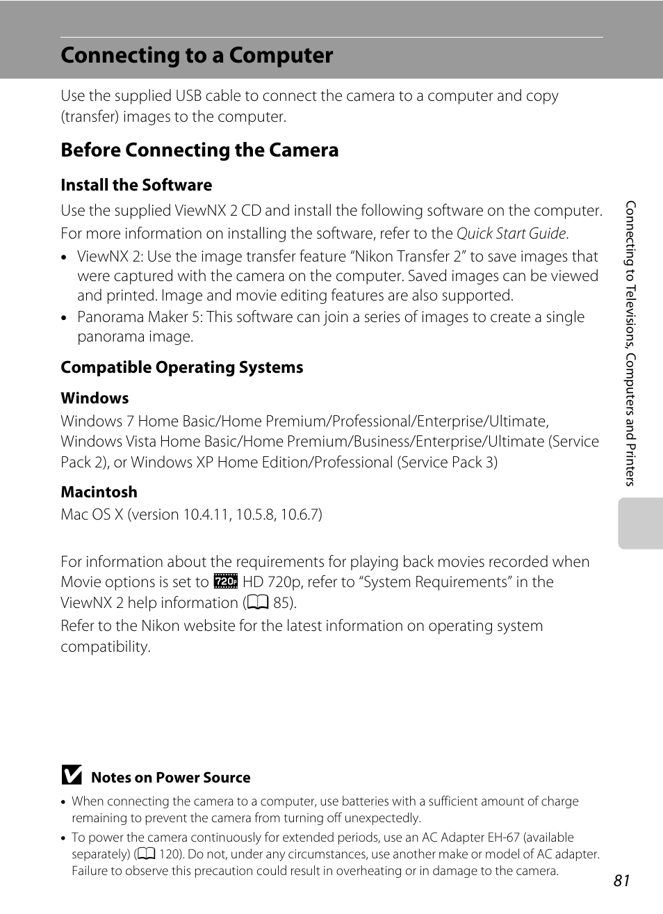 Connecting to a computer, Before connecting the camera | Nikon L105 User Manual | Page 93 / 152