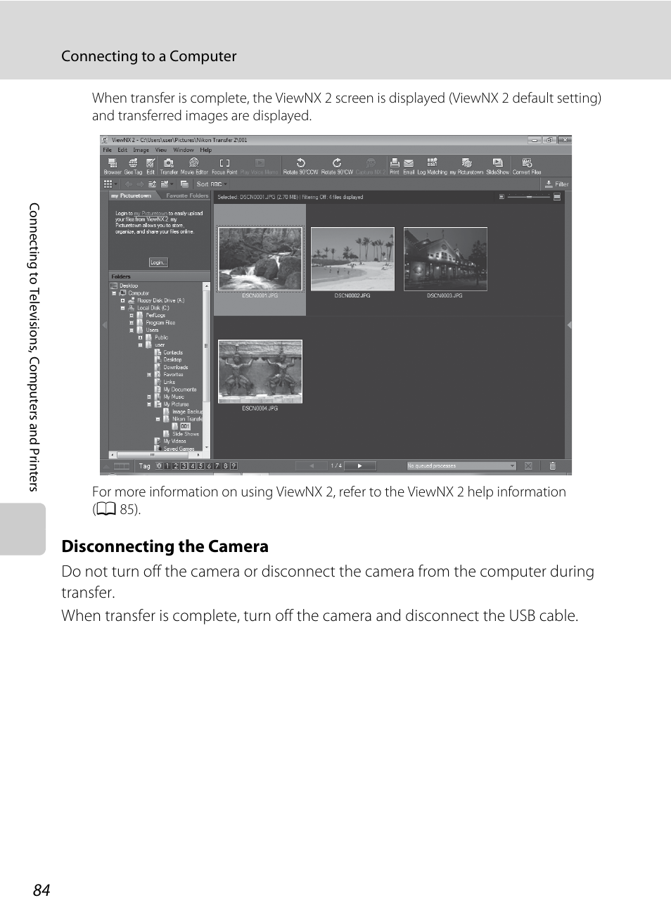 Disconnecting the camera | Nikon L105 User Manual | Page 96 / 152