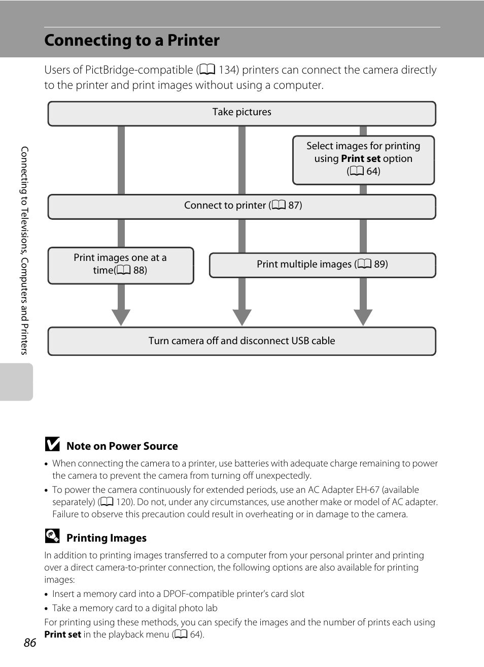 Connecting to a printer | Nikon L105 User Manual | Page 98 / 152