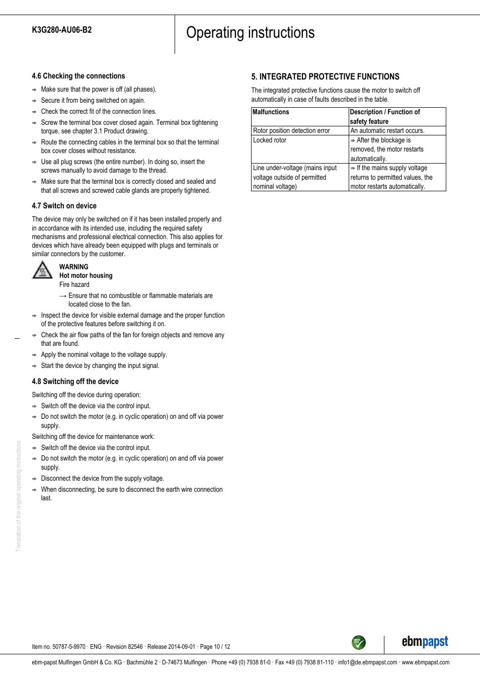 Operating instructions | ebm-papst K3G280-AU06-B2 User Manual | Page 10 / 12