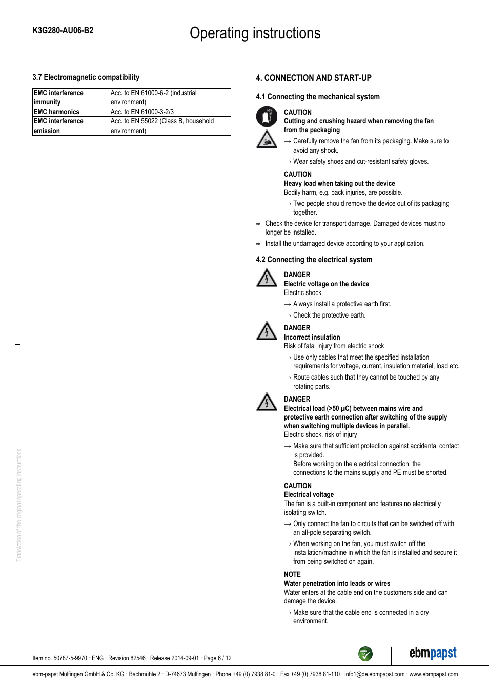 Operating instructions | ebm-papst K3G280-AU06-B2 User Manual | Page 6 / 12