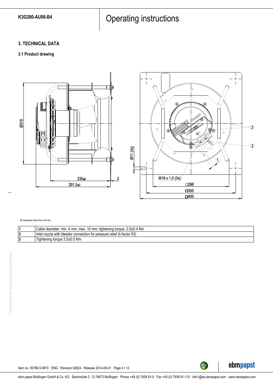 Operating instructions | ebm-papst K3G280-AU06-B4 User Manual | Page 4 / 12
