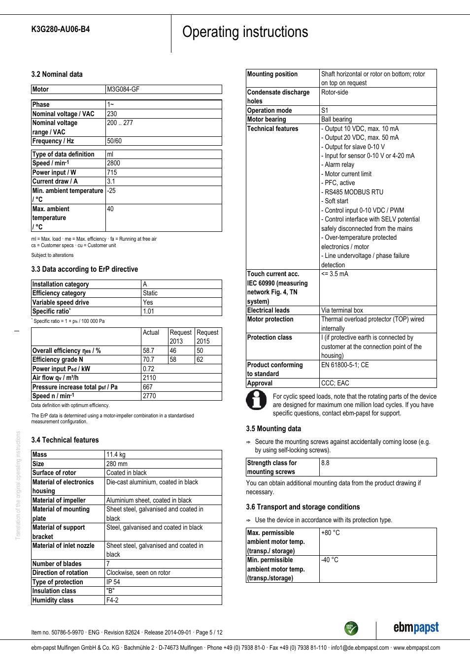 Operating instructions | ebm-papst K3G280-AU06-B4 User Manual | Page 5 / 12