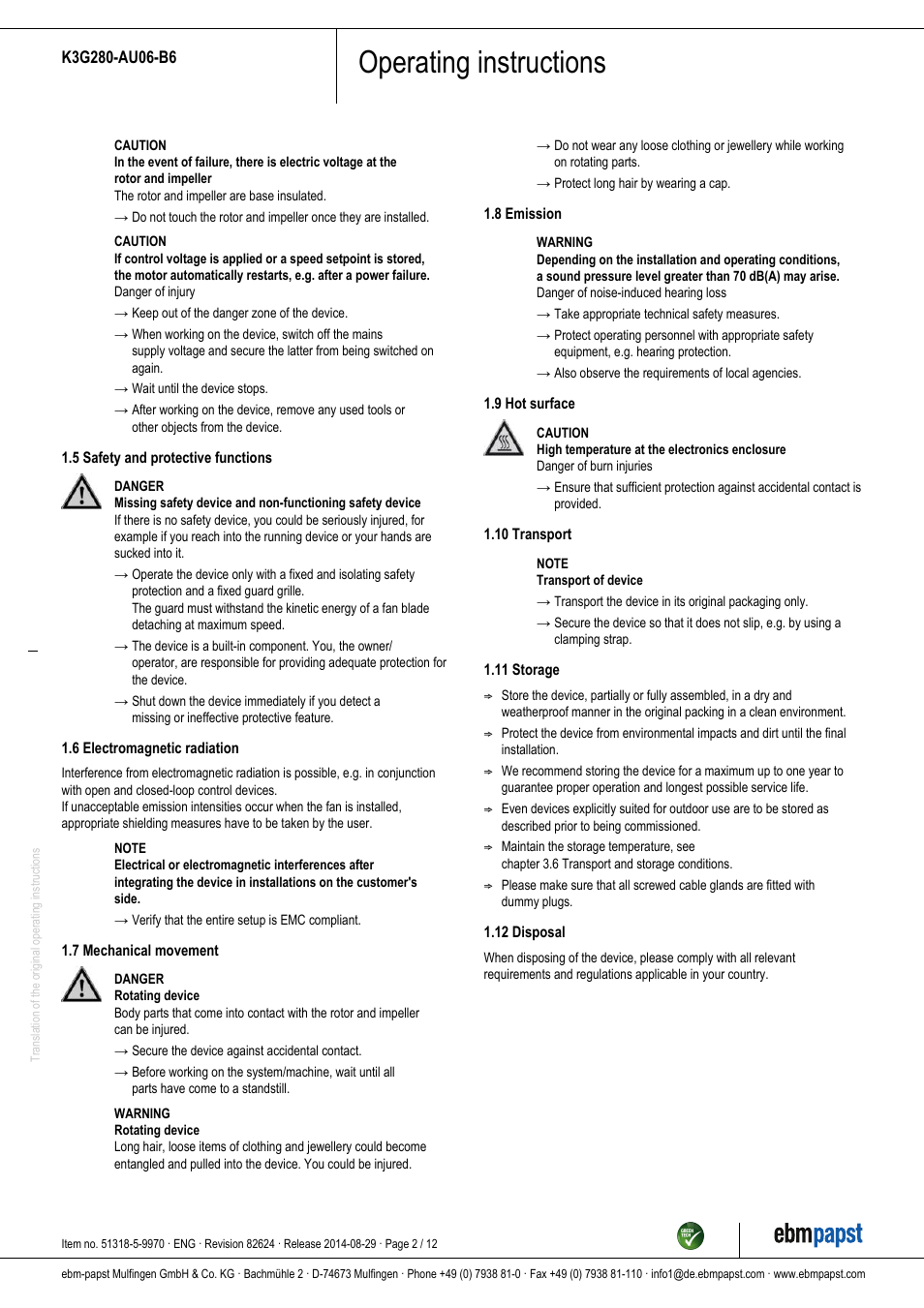 Operating instructions | ebm-papst K3G280-AU06-B6 User Manual | Page 2 / 12