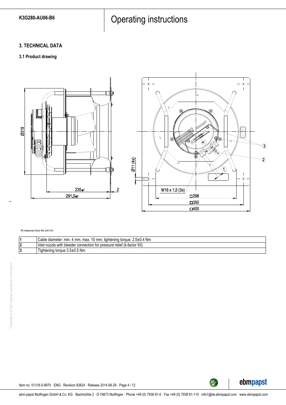 Operating instructions | ebm-papst K3G280-AU06-B6 User Manual | Page 4 / 12