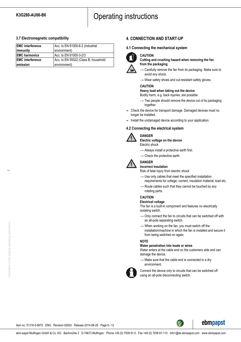 Operating instructions | ebm-papst K3G280-AU06-B6 User Manual | Page 6 / 12