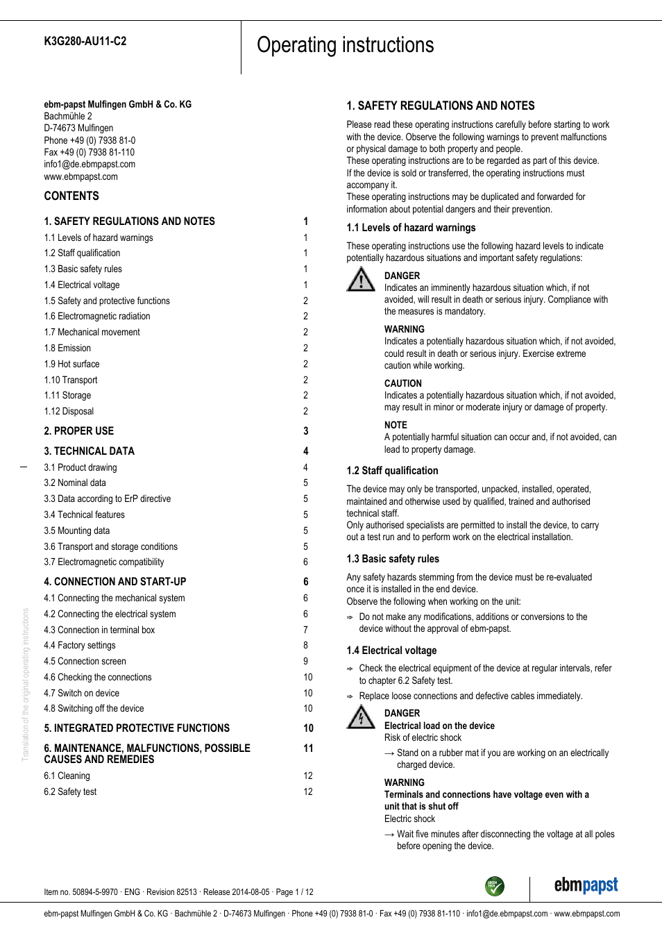 ebm-papst K3G280-AU11-C2 User Manual | 12 pages