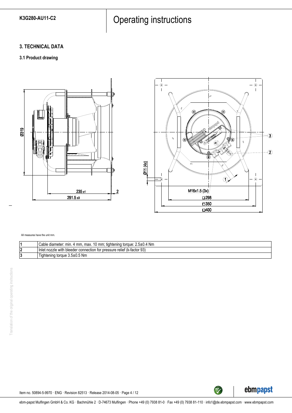 Operating instructions | ebm-papst K3G280-AU11-C2 User Manual | Page 4 / 12