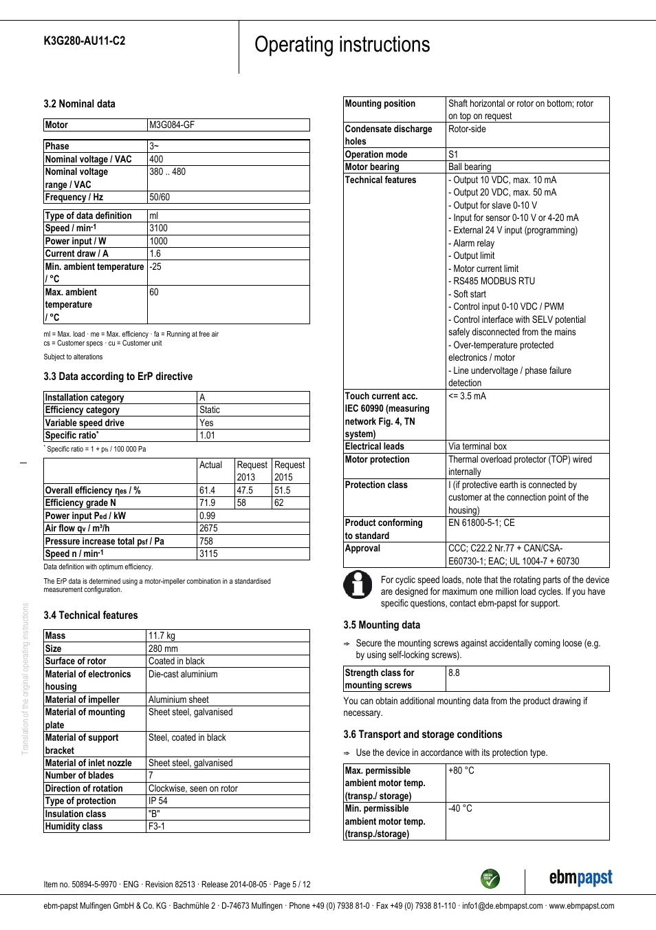 Operating instructions | ebm-papst K3G280-AU11-C2 User Manual | Page 5 / 12