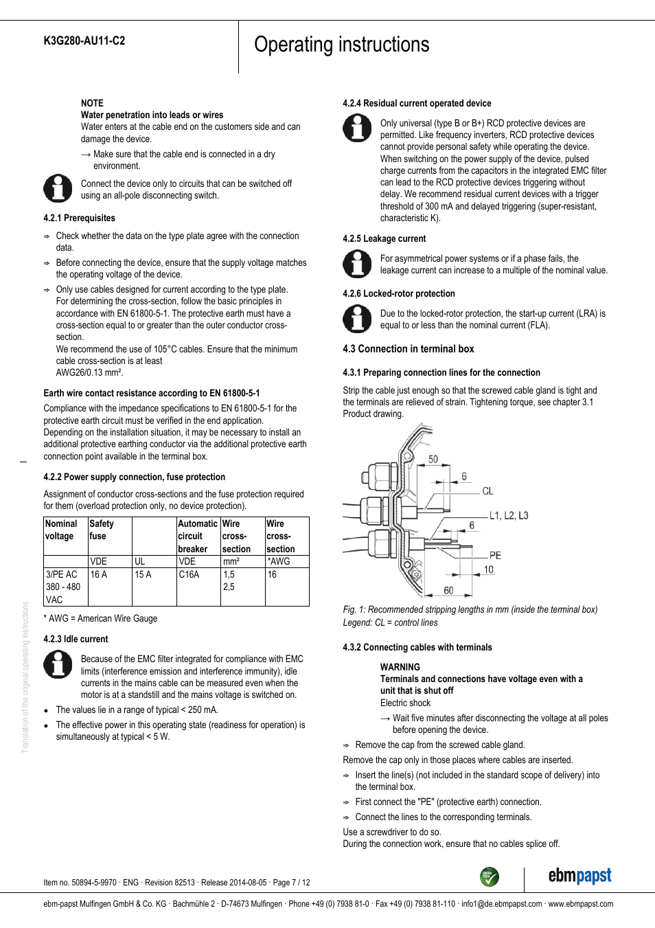 Operating instructions | ebm-papst K3G280-AU11-C2 User Manual | Page 7 / 12