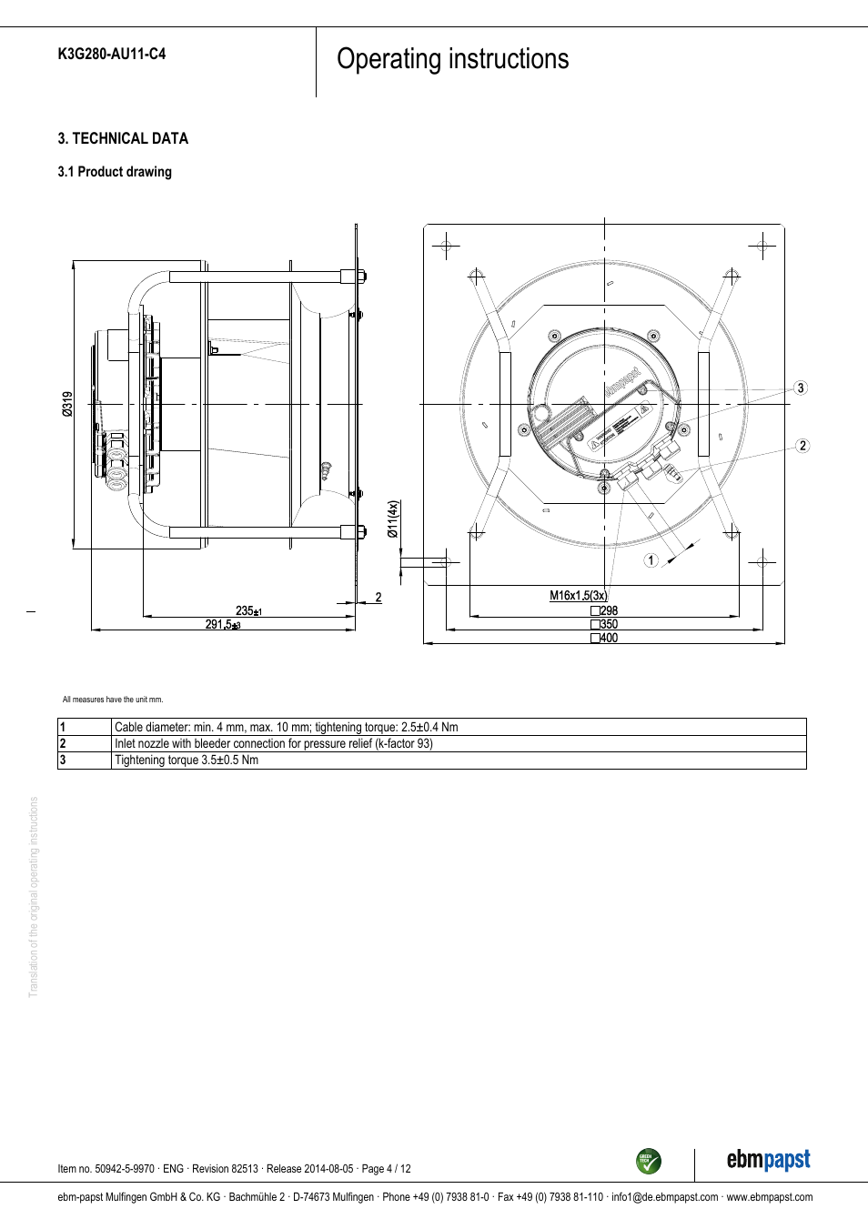 Operating instructions | ebm-papst K3G280-AU11-C4 User Manual | Page 4 / 12