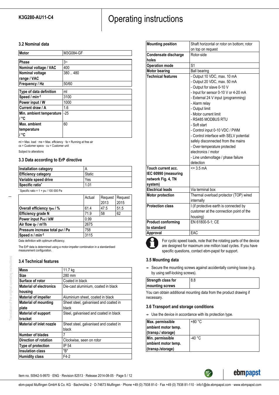 Operating instructions | ebm-papst K3G280-AU11-C4 User Manual | Page 5 / 12