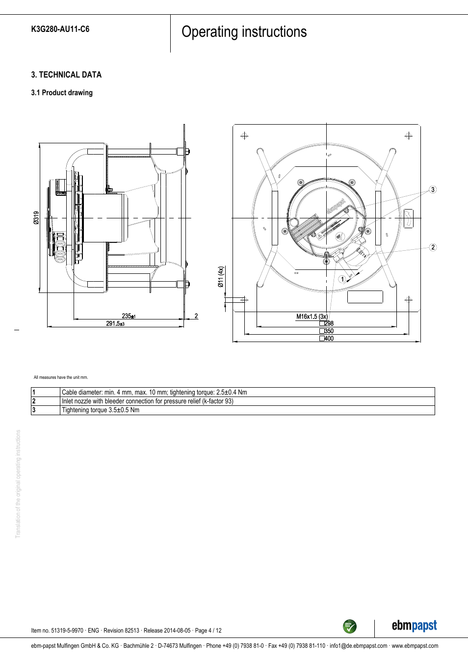 Operating instructions | ebm-papst K3G280-AU11-C6 User Manual | Page 4 / 12