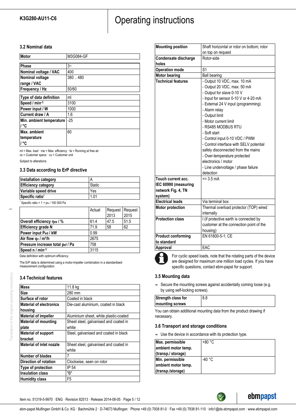 Operating instructions | ebm-papst K3G280-AU11-C6 User Manual | Page 5 / 12