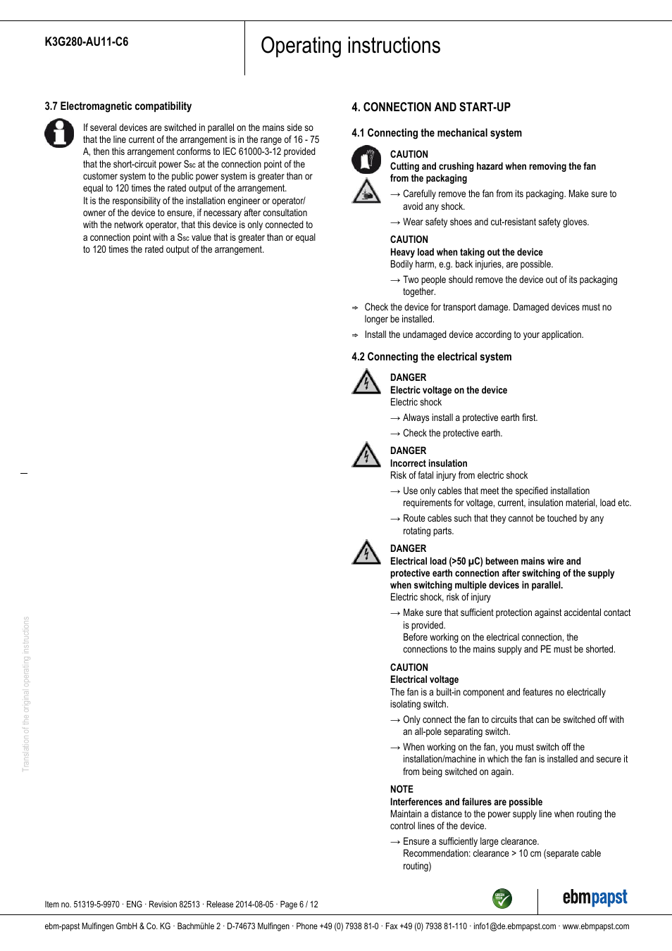 Operating instructions | ebm-papst K3G280-AU11-C6 User Manual | Page 6 / 12