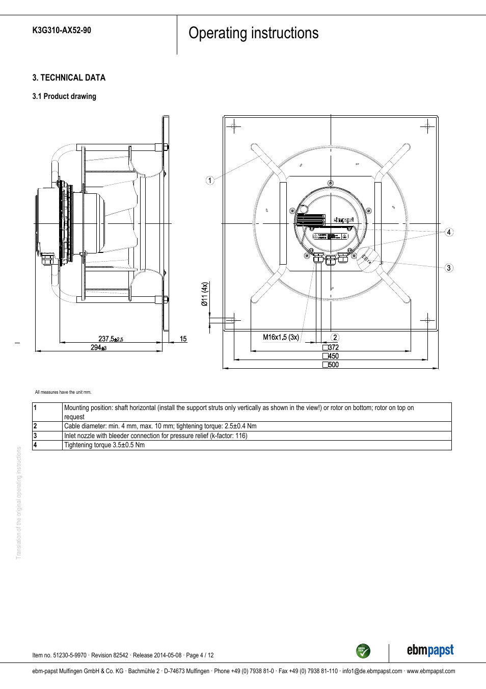 Operating instructions | ebm-papst K3G310-AX52-90 User Manual | Page 4 / 12