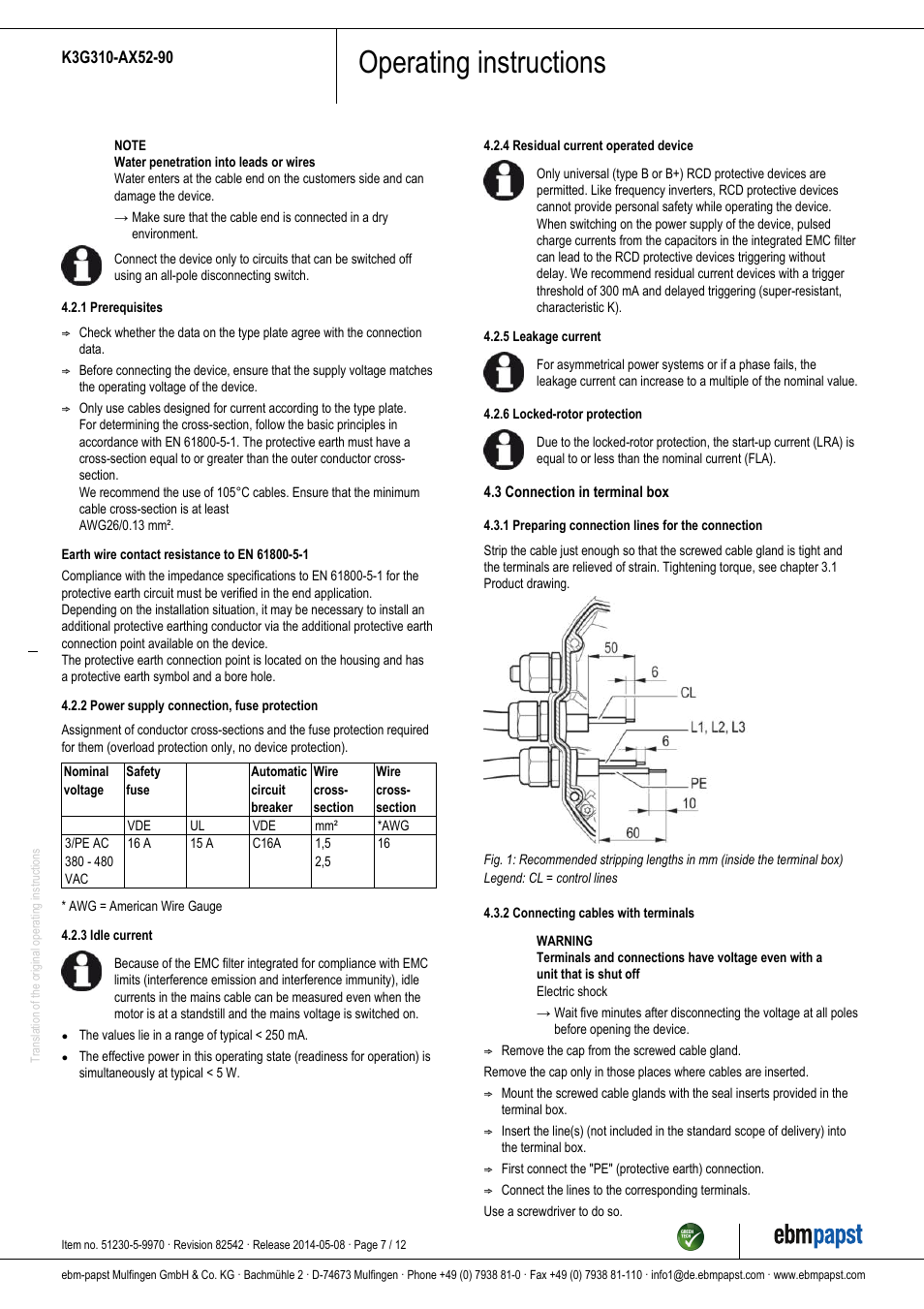 Operating instructions | ebm-papst K3G310-AX52-90 User Manual | Page 7 / 12