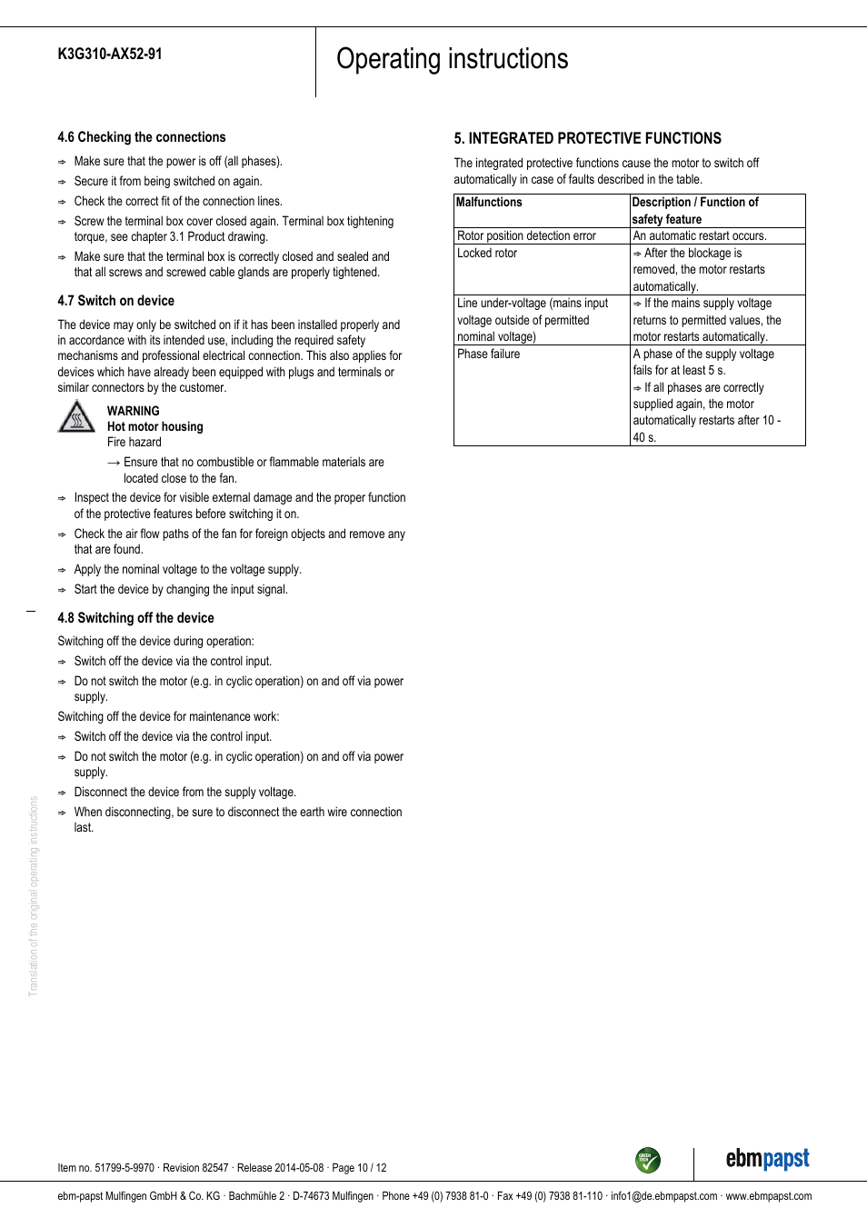 Operating instructions | ebm-papst K3G310-AX52-91 User Manual | Page 10 / 12