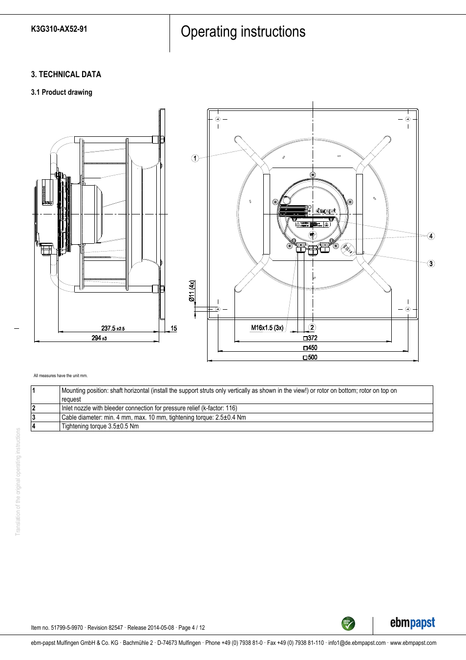 Operating instructions | ebm-papst K3G310-AX52-91 User Manual | Page 4 / 12
